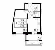 1-комнатная квартира 40,5 м²