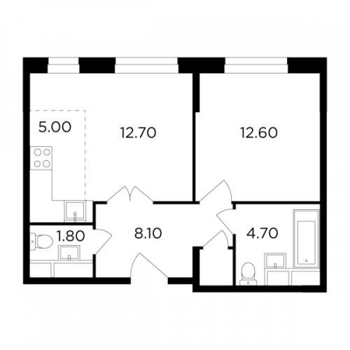 2-комнатная, 44.9 м²