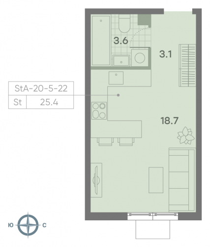 Студия, 25.4 м²