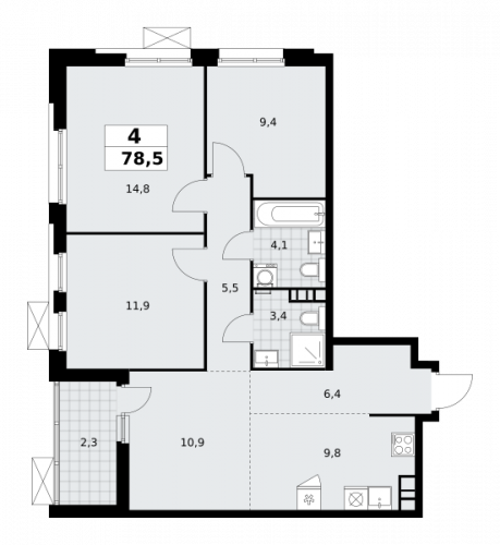 Многокомнатная, 78.5 м²