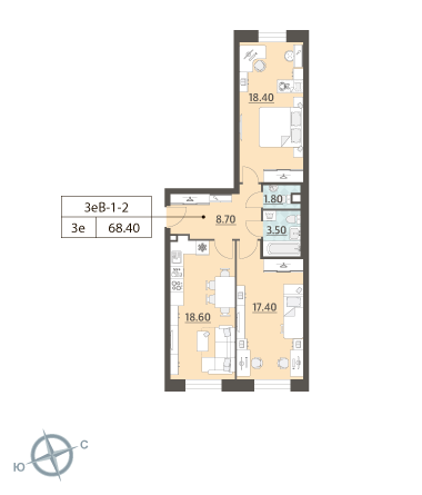 2-комнатная, квартира, 68.4 м²