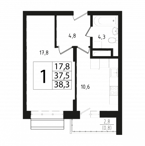 1-комнатная, квартира, 37.3 м²