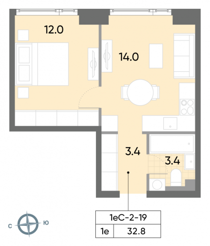 1-комнатная, квартира, 32.8 м²