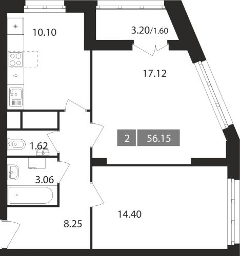 2-комнатная, квартира, 56.15 м²