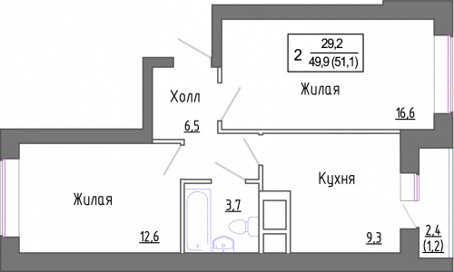 2-комнатная, 50.75 м²
