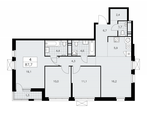 Многокомнатная, 87.7 м²