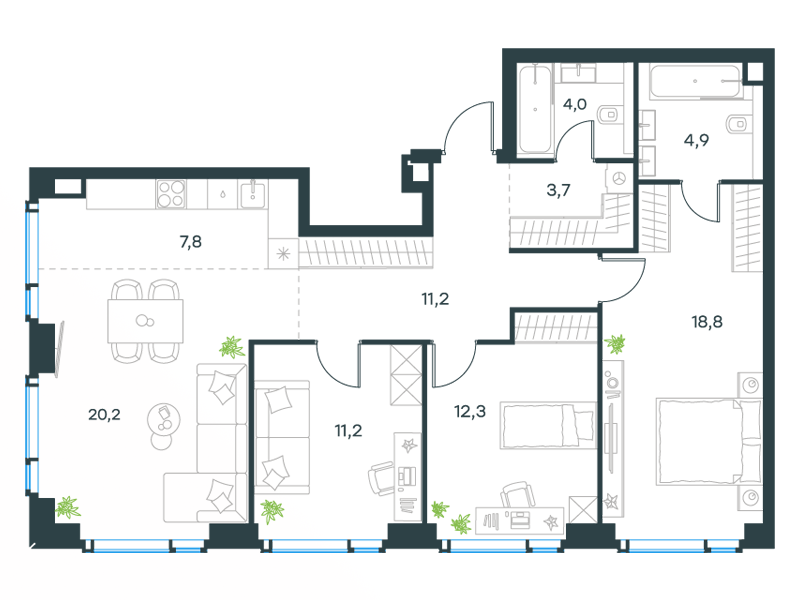 4-комнатные апартаменты №262, 94,1 м² за 39,50 млн руб. в ЖК «Level Мичуринский» - планировка