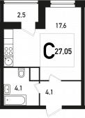 1-комнатная квартира 27,05 м²