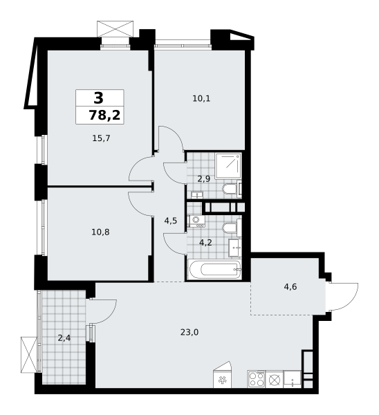 3-комнатная квартира №58К-7.1.3-500, 78,2 м² за 21,50 млн руб. в ЖК «Прокшино» - планировка