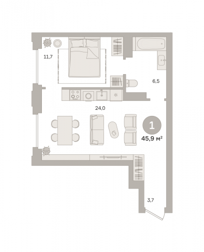1-комнатная, квартира, 45.84 м²