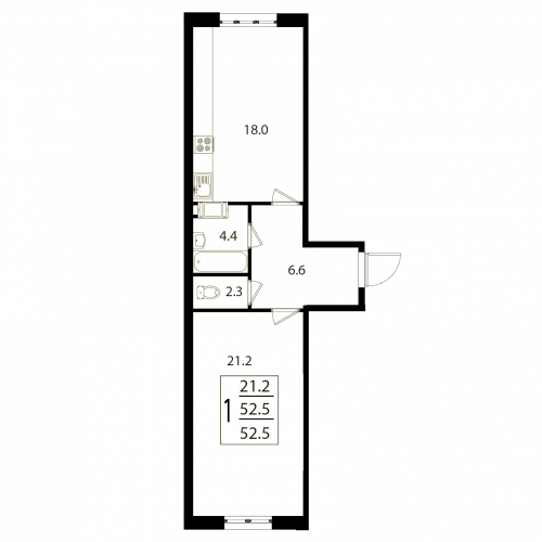 1-комнатная, квартира, 52.5 м²