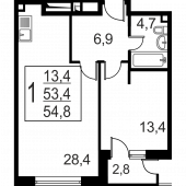 2-комнатная квартира 54.8 м²