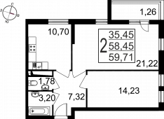 2-комнатная квартира 59,71 м²