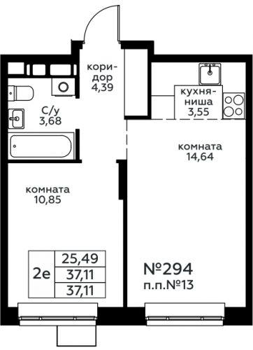 2-комнатная, 37.11 м²