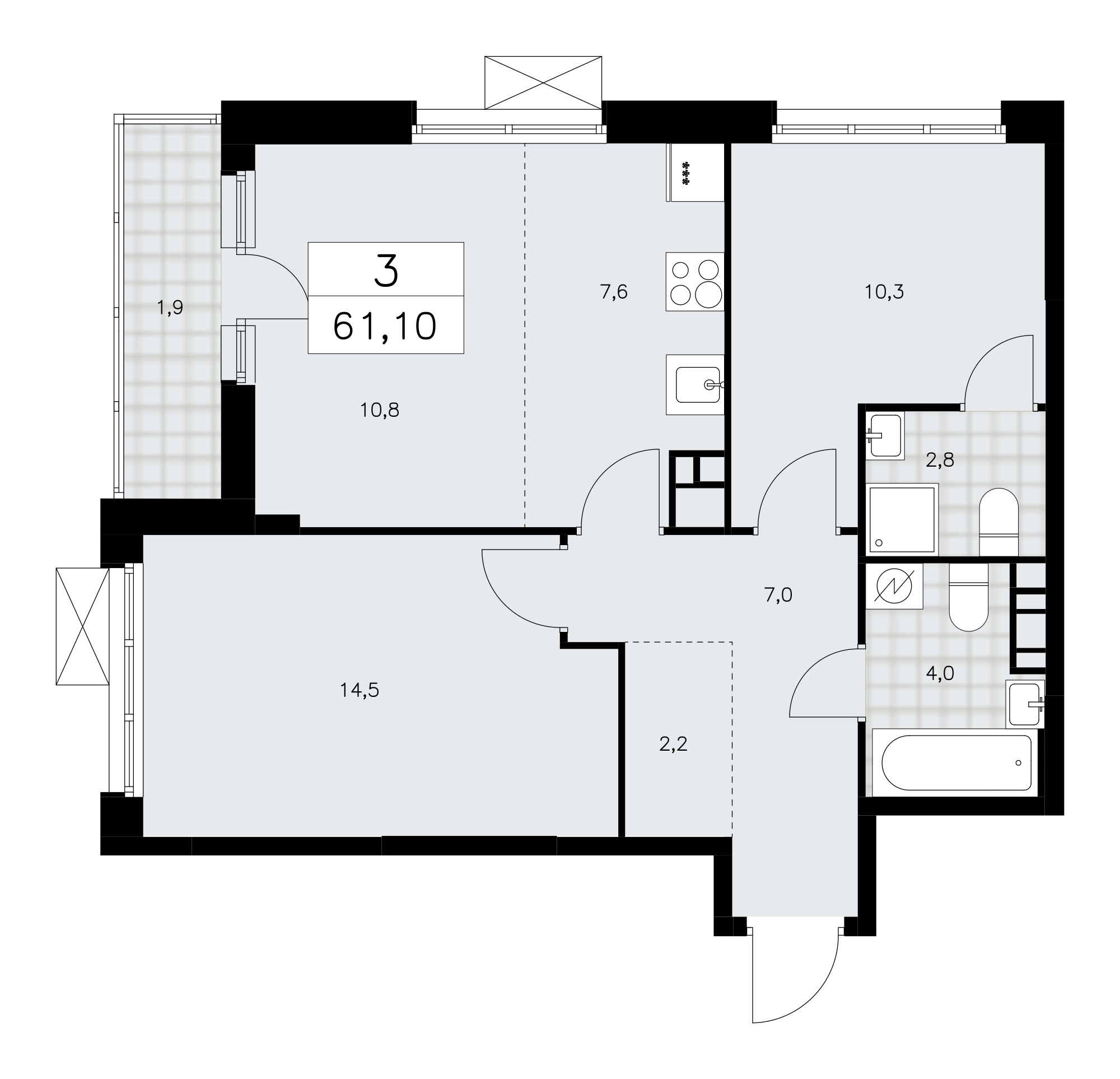 3-комнатная квартира №24К-28.3-497, 61,1 м² за 19,32 млн руб. в ЖК «Скандинавия» - планировка