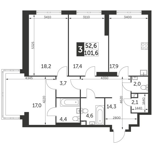 3-комнатная, квартира, 101.6 м²