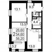 2-комнатная квартира 56,2 м²