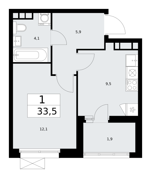 1-комнатная квартира №24К-25.3-379, 33,5 м² за 11,58 млн руб. в ЖК «Скандинавия» - планировка