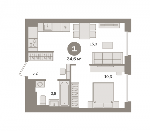 1-комнатная, квартира, 34.64 м²
