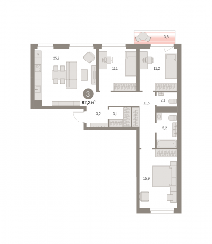 3-комнатная, 92.25 м²