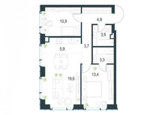 3-комнатная, 65.6 м²