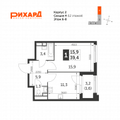 1-комнатная квартира 39,4 м²