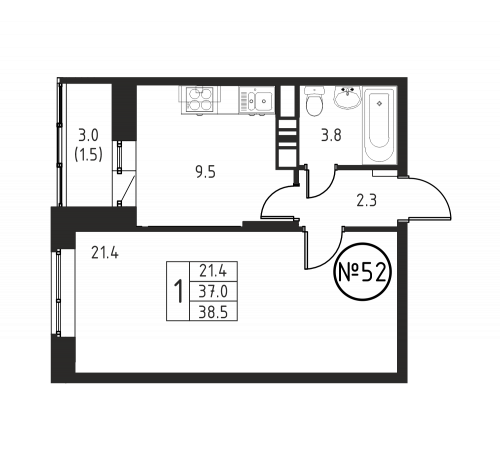 1-комнатная, квартира, 38.5 м²