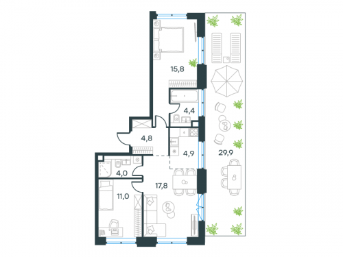 3-комнатная, 71.7 м²