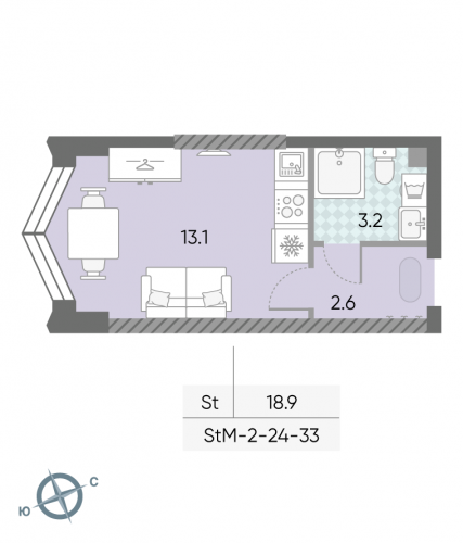 Студия, 18.9 м²