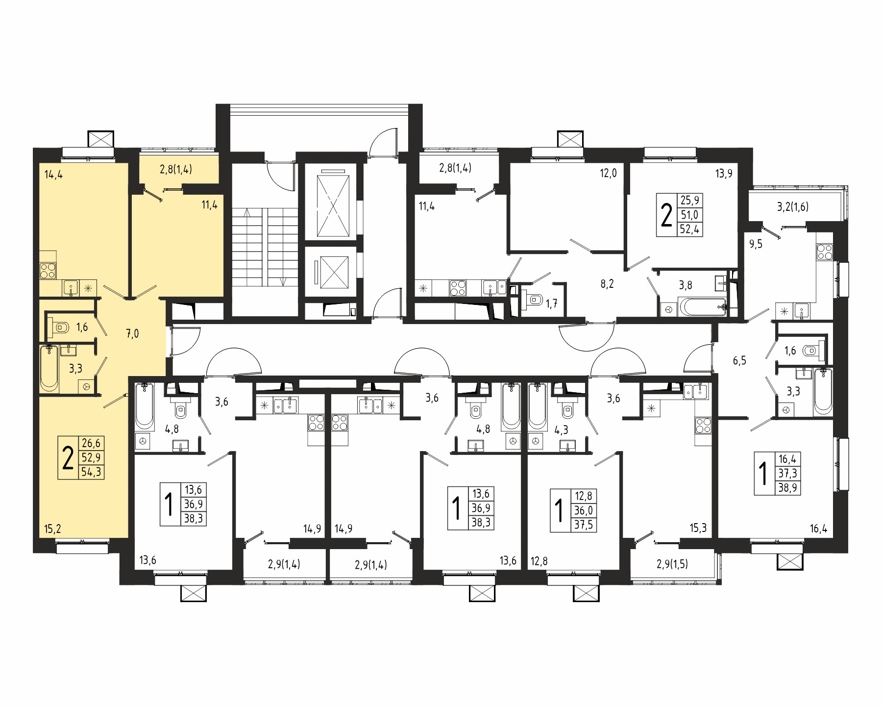 2-комнатная квартира №6, 54,3 м² за 8,92 млн руб. в ЖК «Берег» 2 очередь - планировка