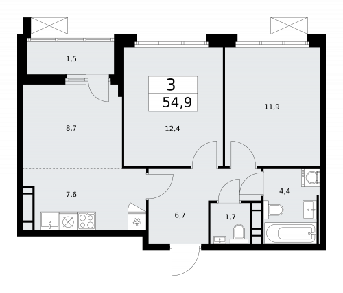 3-комнатная, 54.9 м²