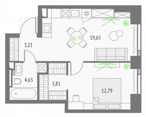 1-комнатная, квартира, 44.09 м²