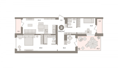 2-комнатная, квартира, 100.85 м²