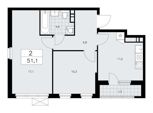 2-комнатная, 51.1 м²