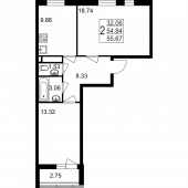 2-комнатная квартира 55,67 м²