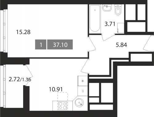 1-комнатная, квартира, 37.1 м²