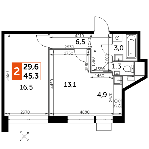 2-комнатная, 45.3 м²