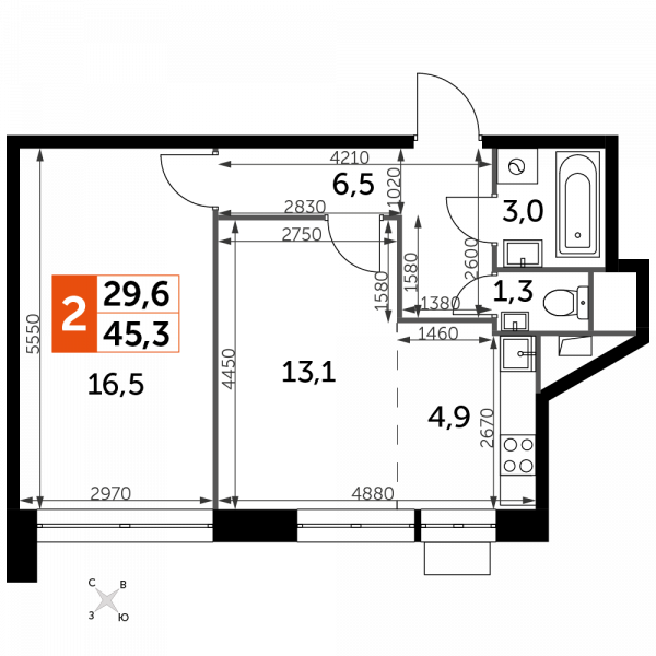 2 комнаты до 45.3