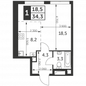 1-комнатная квартира 34,3 м²