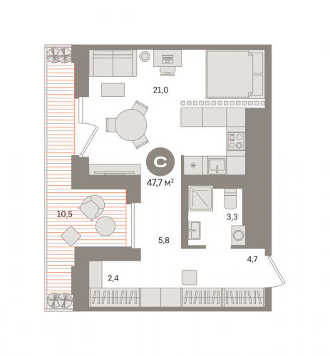 Студия, 47.67 м²