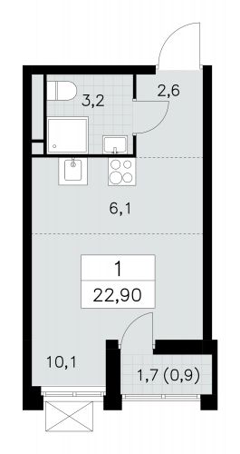 1-комнатная, 22.9 м²