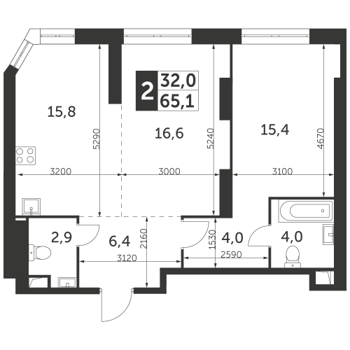 2-комнатная, квартира, 65.1 м²