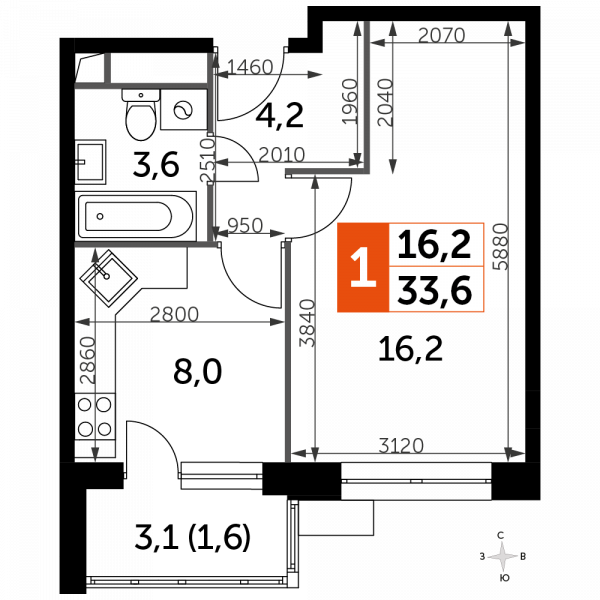 1 комната до 33.6