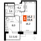 1-комнатная квартира 33,6 м²