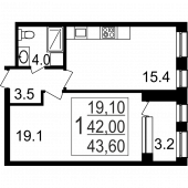 1-комнатная квартира 43,6 м²