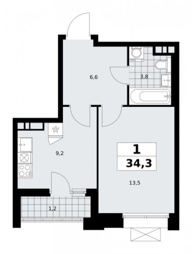 1-комнатная, 34.3 м²