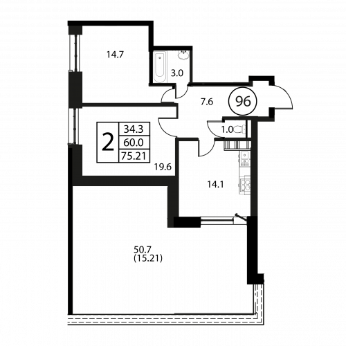 2-комнатная, квартира, 75.21 м²