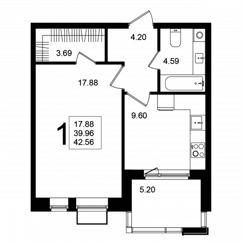 1-комнатная, квартира, 42.56 м²