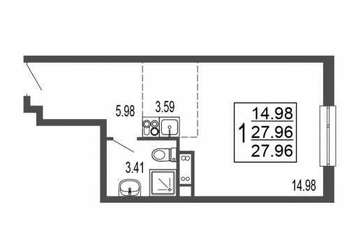 Студия, 28.6 м²
