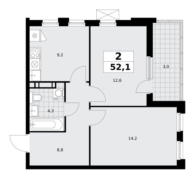 2-комнатная квартира №23К-18.1.3-350, 52,1 м² за 14,09 млн руб. в ЖК «Скандинавия» - планировка
